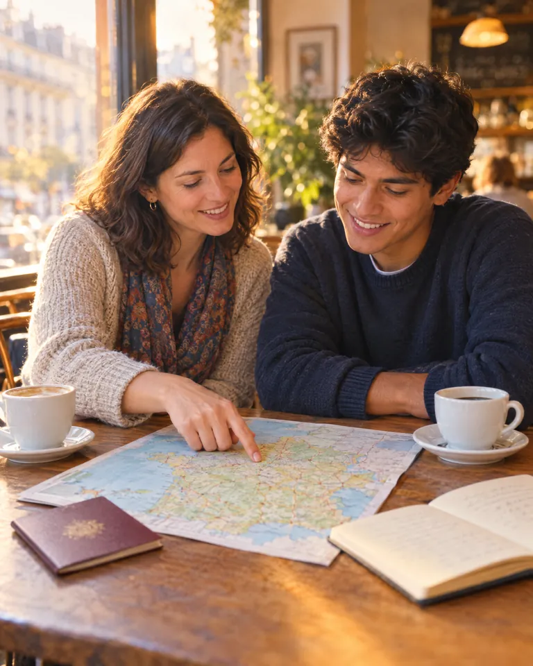 Asesora acompañando a un joven participante mientras revisan un mapa de Francia y su pasaporte