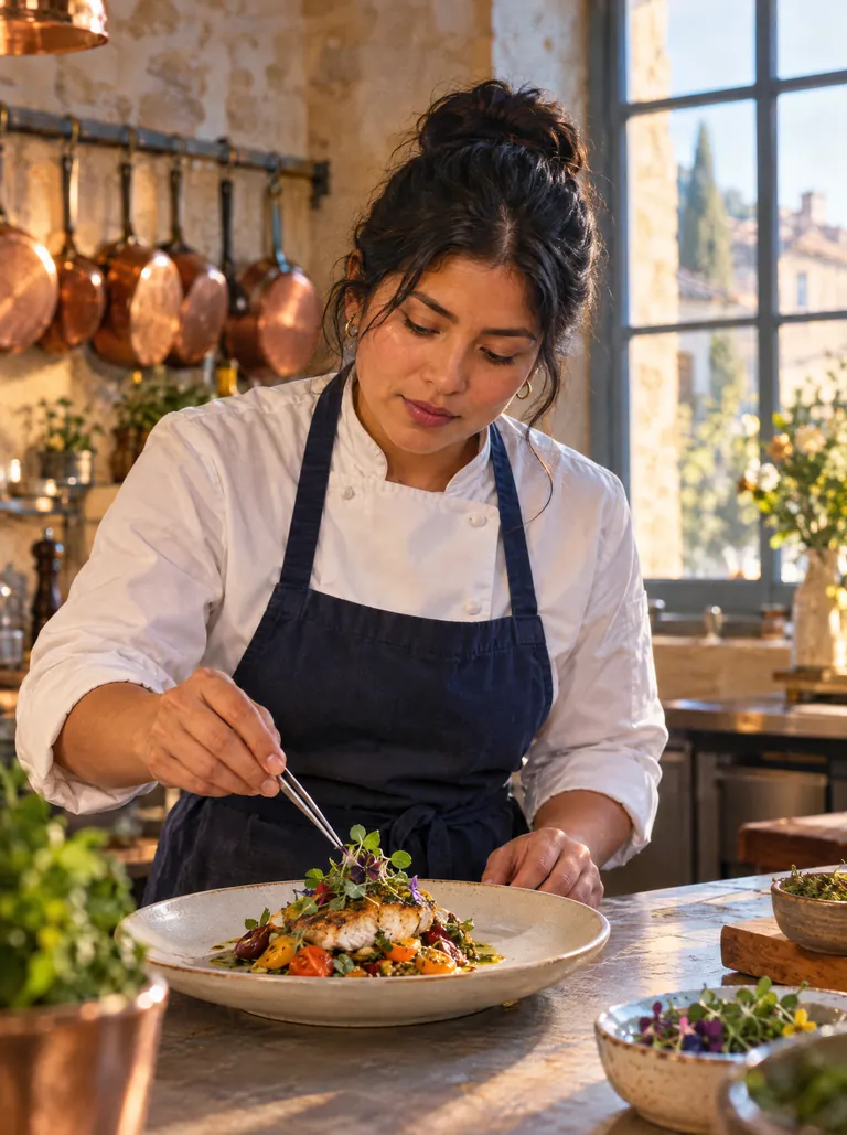 Cocinera latinoamericana emplatando en la cocina de un restaurante en Francia