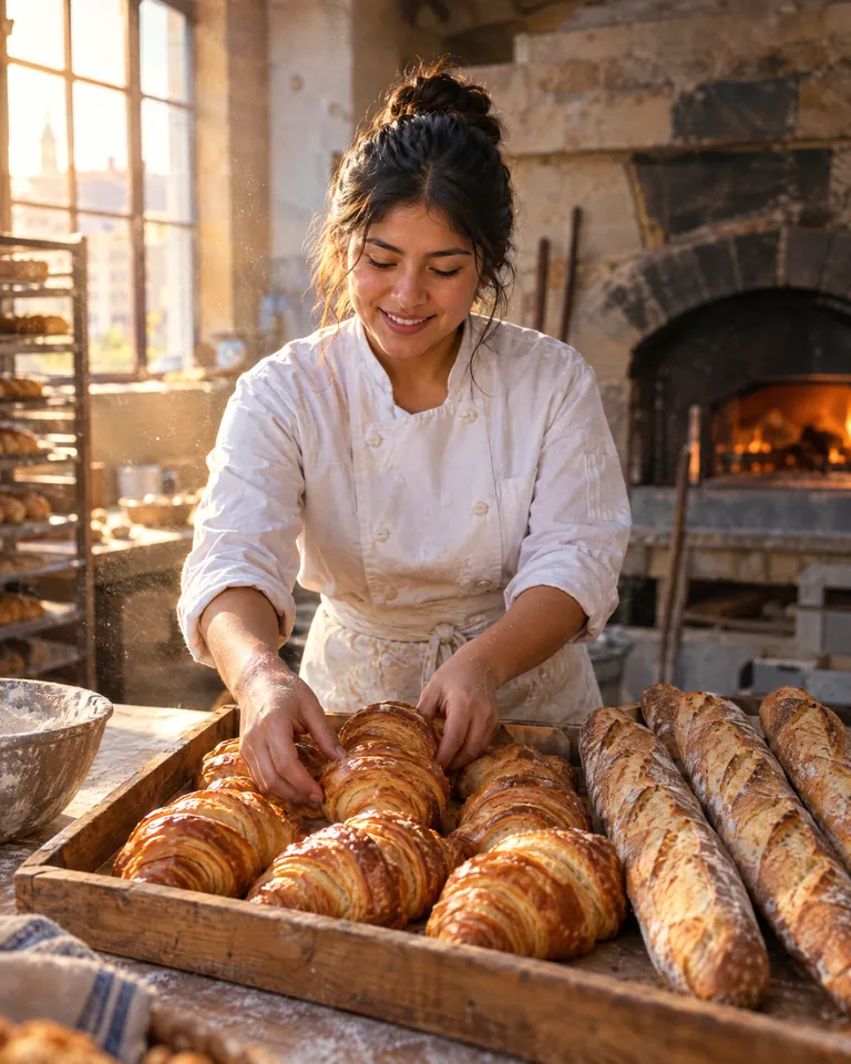 Joven pastelera acomodando croissants y baguettes recién horneados en una panadería francesa