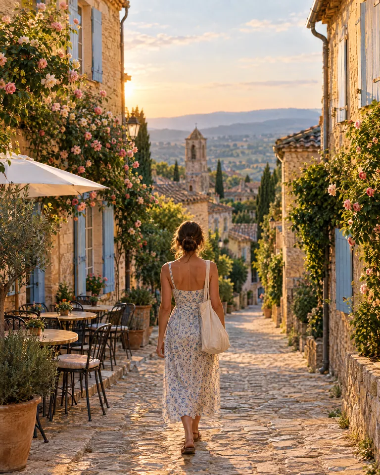 Calle de piedra de un pueblo de la Provenza, Francia, con casas de postigos celestes