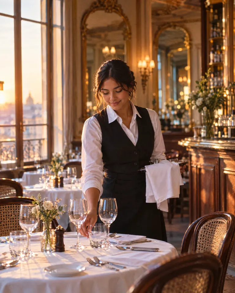Moza latinoamericana preparando una mesa en el salón de un restaurante francés